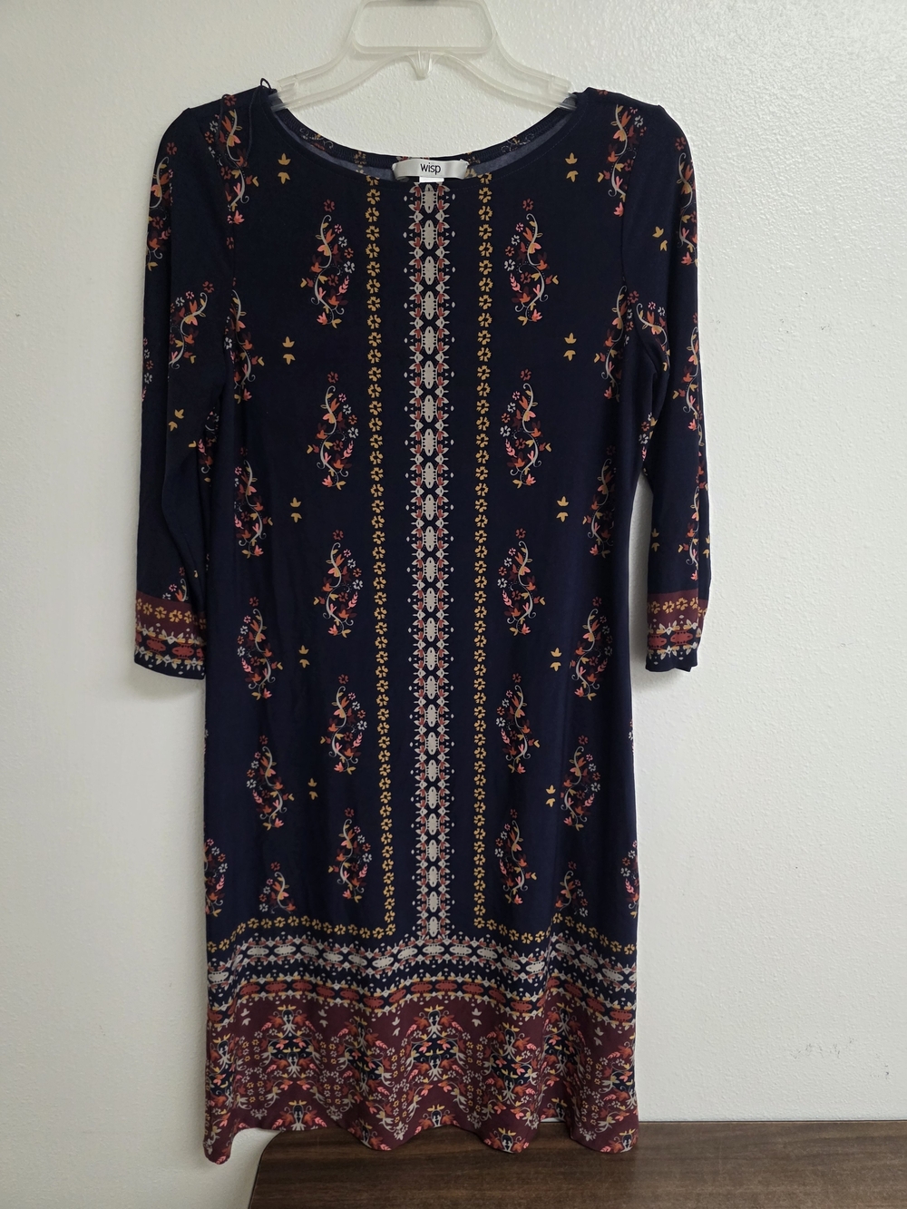 Wisp Navy Floral Border-Print Long Sleeve Midi Dress (0655)